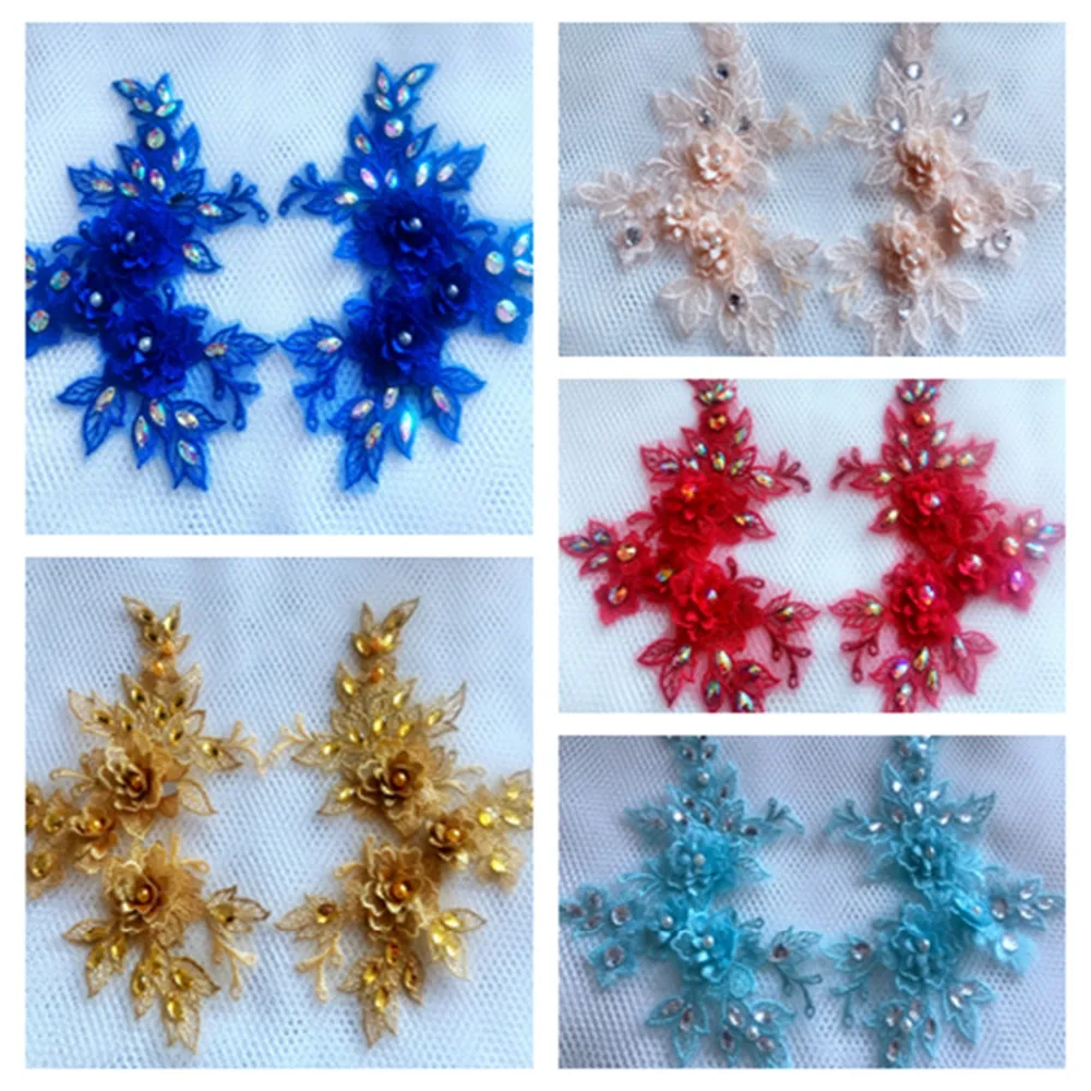 

Multicolor sew on Stereo embroidery flowers patches Water soluble embroidery lace applique trim with rhinestones beads 18*14cm