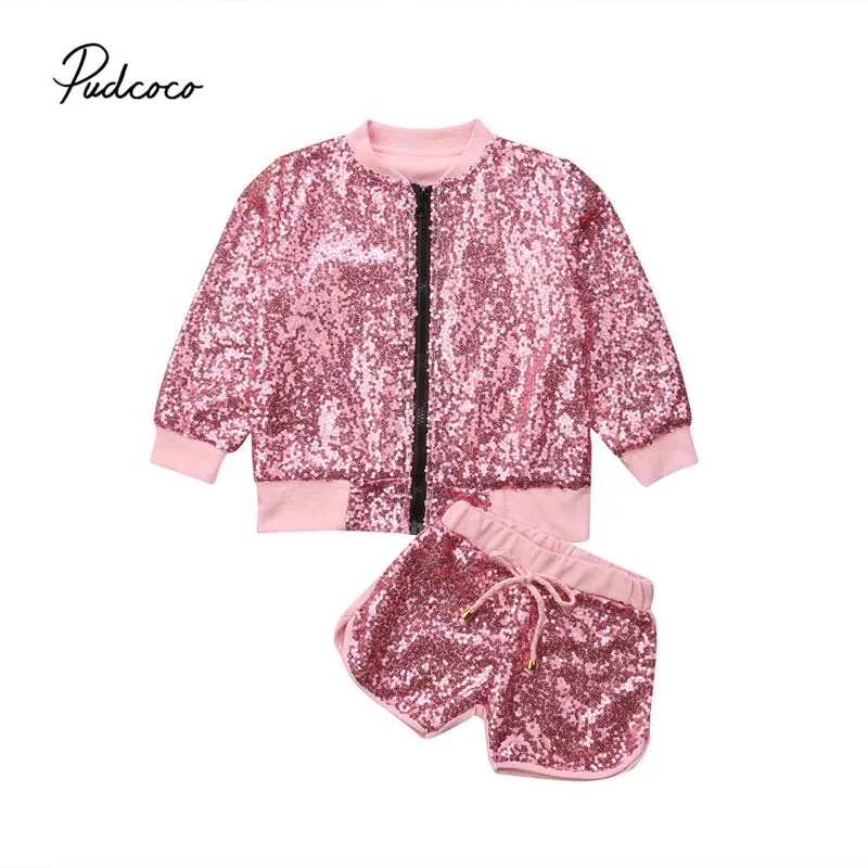 

Pudcoco 2018 Sequins Toddler Kids Baby Girl Clothes 2Pcs Fashion Bling Zipper Cardigan Jacket+Shorts Set Autumn Cool Outfit 1-6T