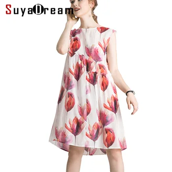 

Women Silk Dress 100%Real Silk Crepe Floral Print Holiday Dresses Sleeveless Knee Length Summer Dress 2019 New