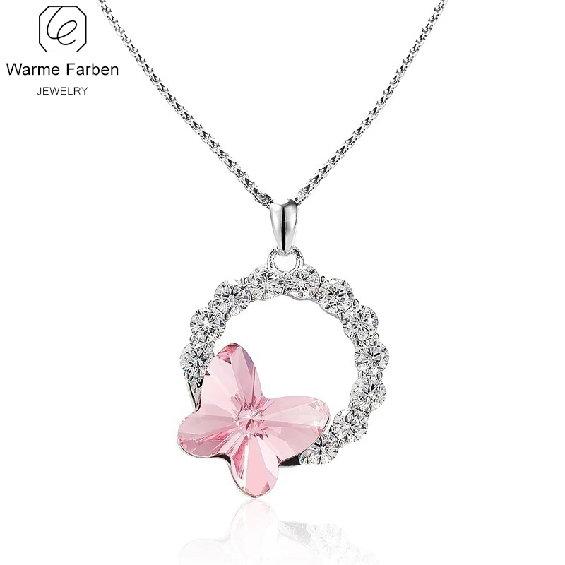 

WARME FARBEN Crystal From Swarovski Women Necklace Fine Jewelry Inlaid Zircon Round Circles Butterfly Pendant Necklace Collares