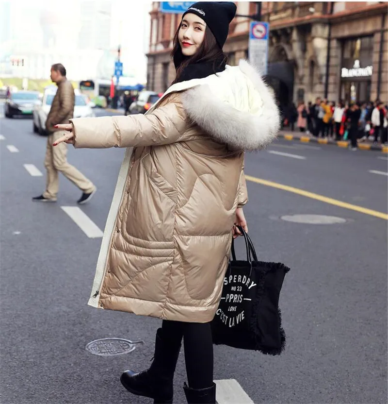 Женское зимнее пальто с капюшоном и воротником из меха енота, толстое теплое женское длинное пальто на утином пуху, высокое качество, пуховик