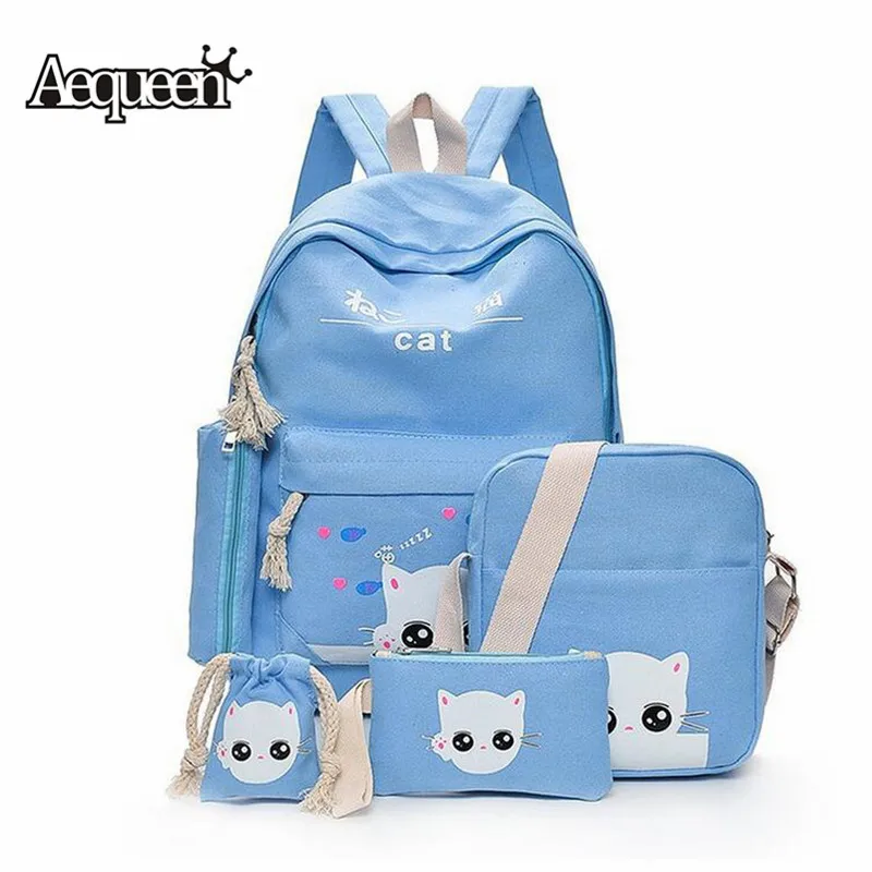

AEQUEEN 5Pcs Set Backpack Women Cut Cat School Backpack Canvas Knapsacks For Teenage Girls Canvas Children School Bag Mochila