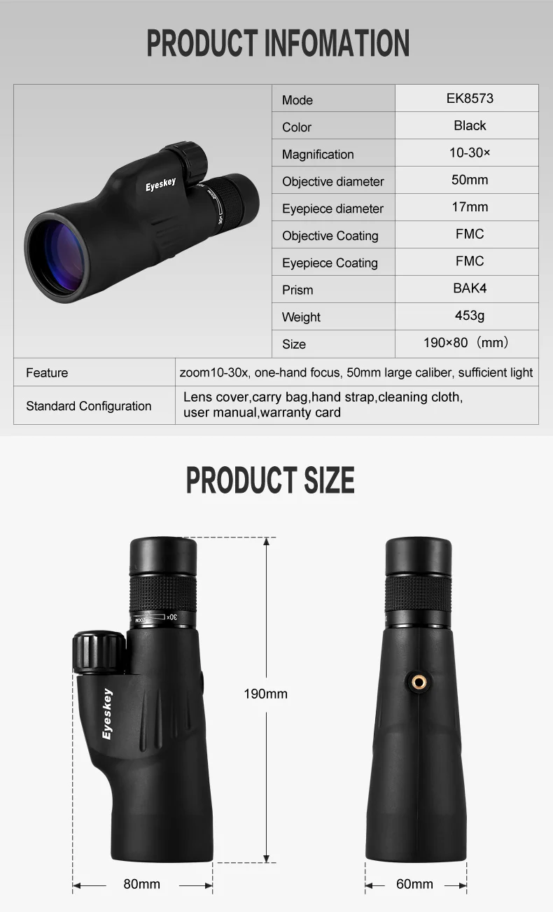 Monocular à Prova Bens para Acampar com Tripé Eyeskey Zoom Monocular Prisma Poderoso Telescópio Dwaterproof Água Caça 10-30x50 Bak4 7 telescópio monocular à prova dwaterproof água caça bens para acampar com tripé