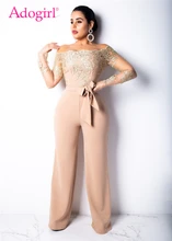 Adogirl Lace Sheer Mesh Patchwork Loose Jumpsuit Women Sexy Slash Neck Off Shoulder Casual Romper Wide Leg Pants Party Jumper