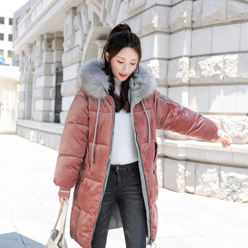 Gold Velvet Parka Bubble Coat Thick Warm Womens Coats Winter Fur Parka Puffer Jacket Fur Collar Lolita Doudoune Femme Hiver