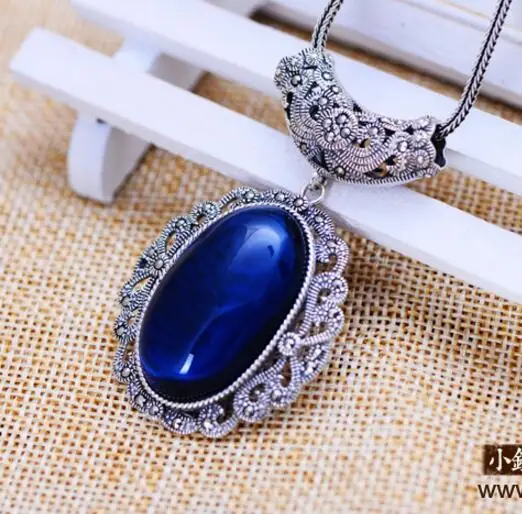 

925 sterling silver jewelry palace retro sweater chain pendant blue corundum
