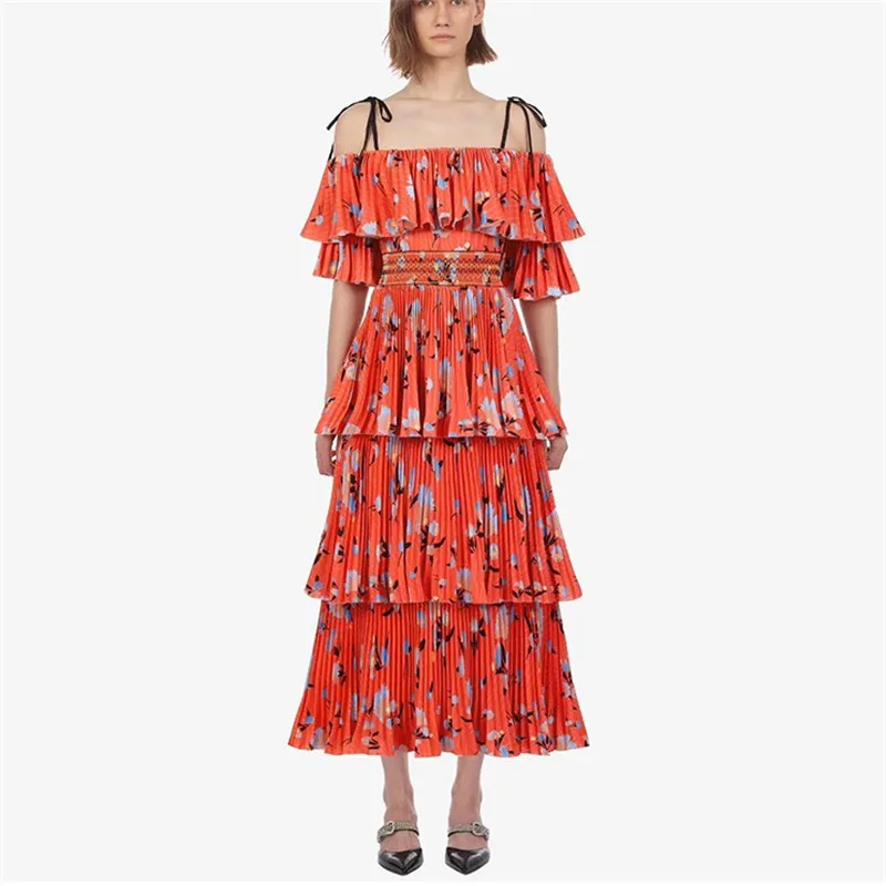 Limiguyue spaghetti strap multi layer pleated dress summer beach slash neck long dress high 