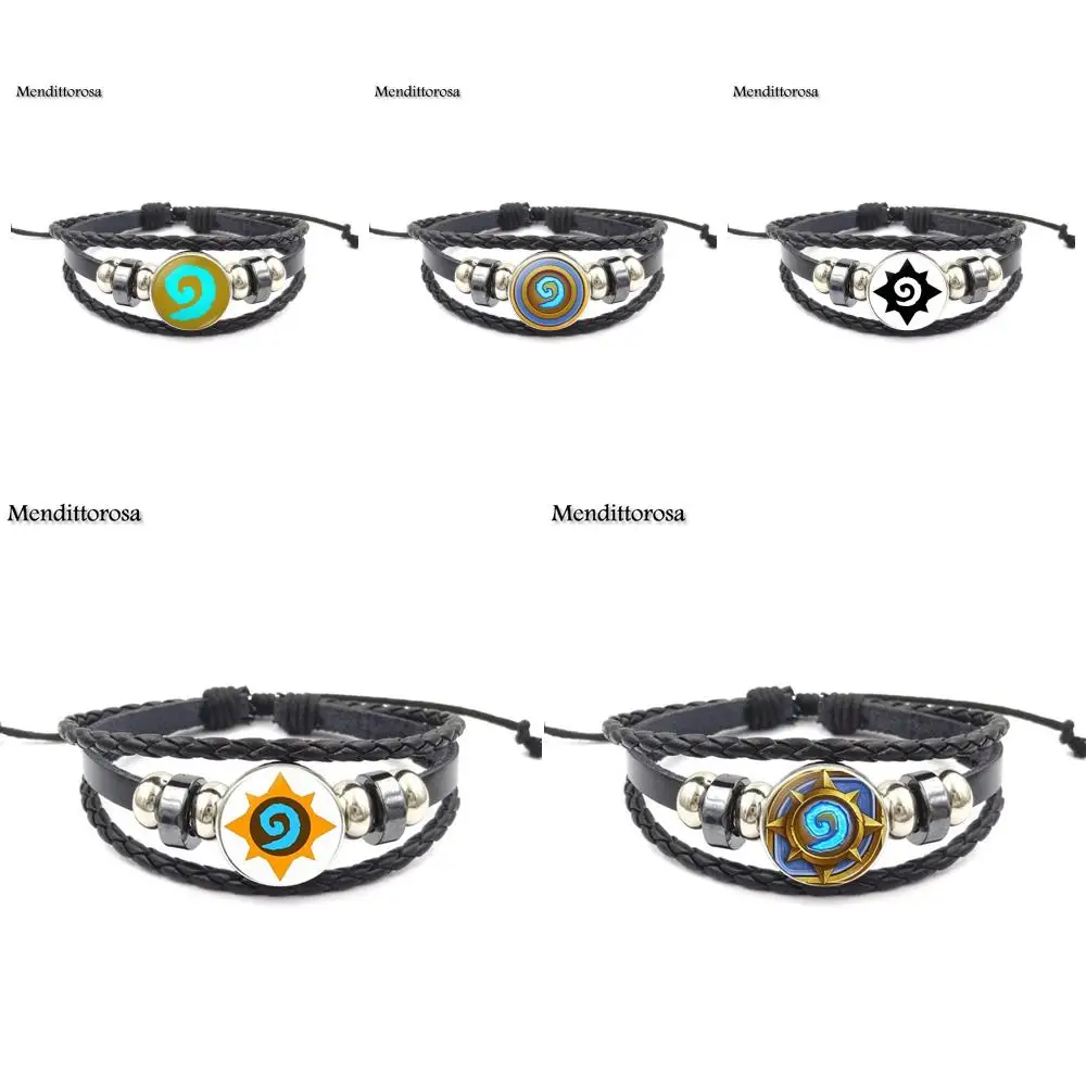 

Mendittorosa WoW World of Warcraft Hearthstone Glass Cabochon Round Black Leather Bracelet Bangle Jewelry Gifts