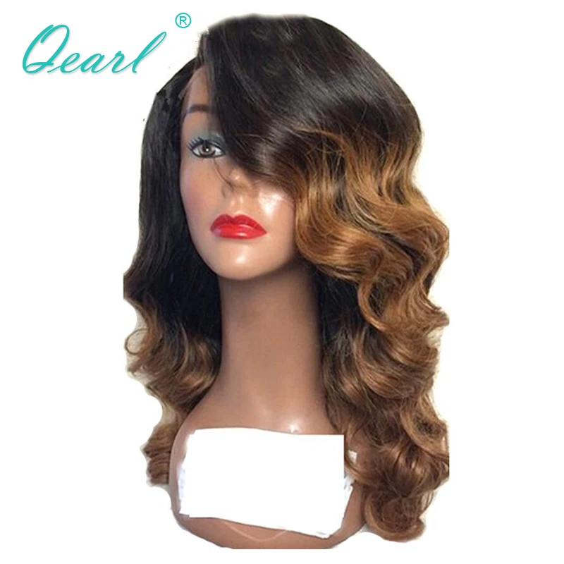 

Two Tone 13x4 Lace Front Wig Peruvian Wavy Remy Hair 150% Density Ombre Color Side Part Human Hair Wig for Black Women Qearl