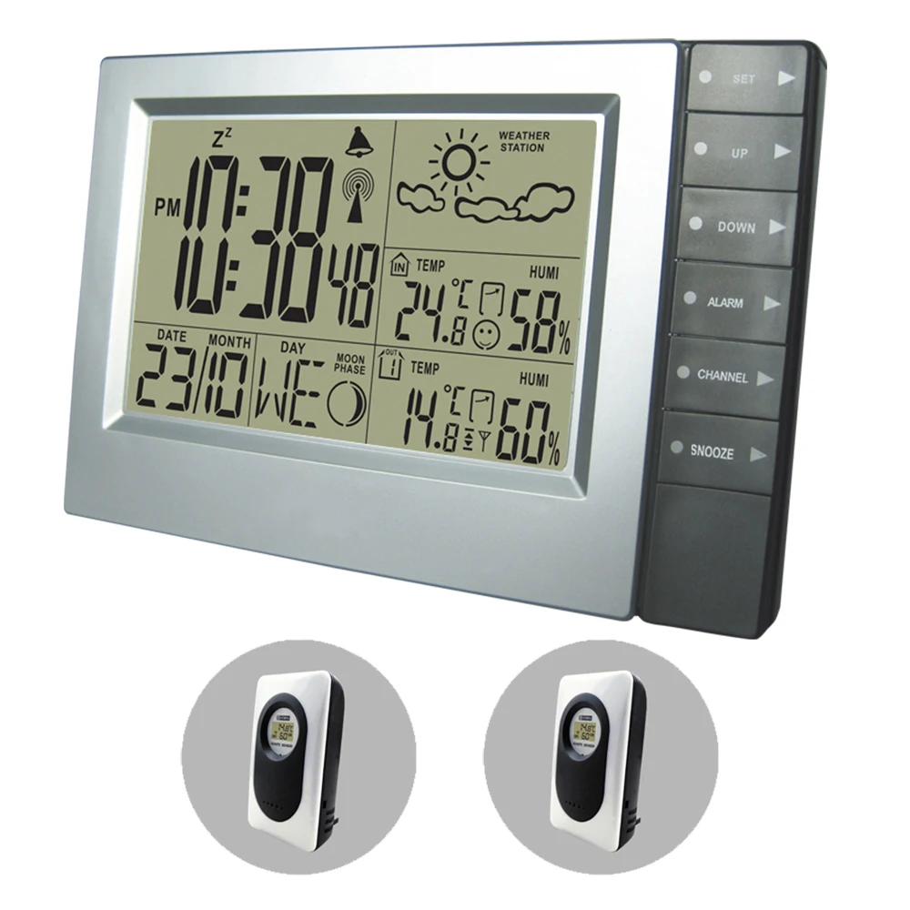 

Hot Sell 2 Transmitters RCC Radio Controlled Digital Wireless Weather Station Weather Forecast Clock DYKIE Temperature Humidity