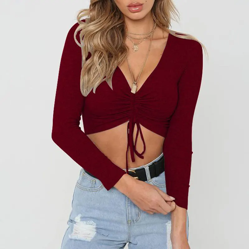 

Deep V-neck Drawstring Short Tops Women Casual Solid Long Sleeve Slim Wild Tees Spring Summer Ladies Fashion Sexy T-shirts New