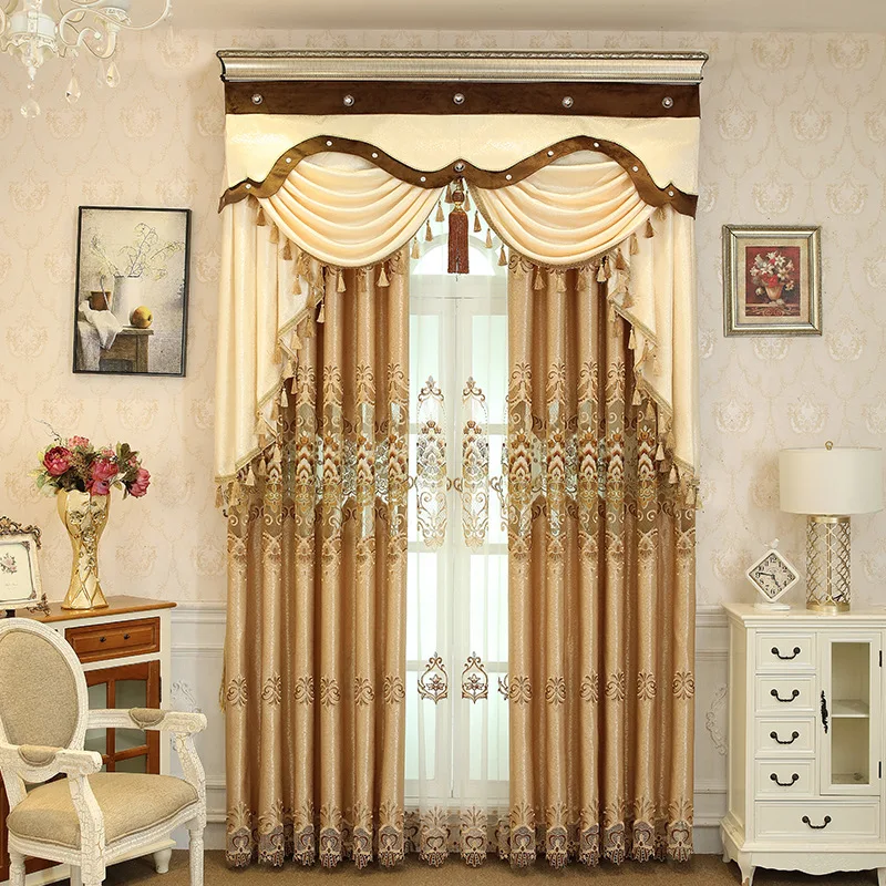 

European country coffee color embroidery flower tulle curtains home decoration floor to ceiling window Valance curtain custom