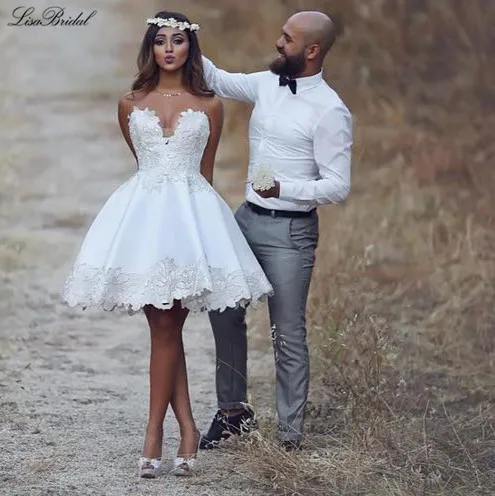 Sexy Beach Short Wedding Dresses 2016 Sweetheart Neck Appliques Satin Robe de mariee Bride Dresses