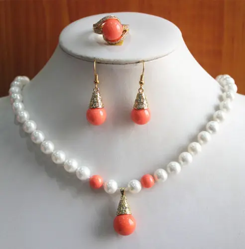 

New Design Women'S 8mm White/Orange Pearl Necklace Earring Ring Jewelry Set