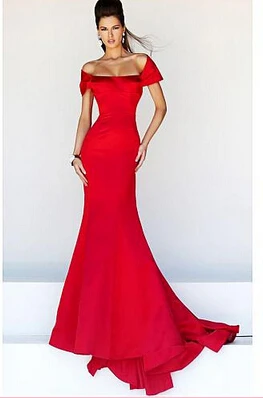 Изящные атлас русалка выкл-плечу с круглым вырезом длинная вечернее платье - Цвет: Красный