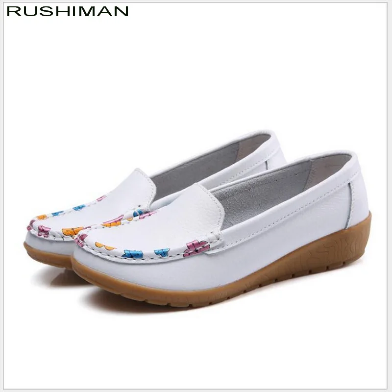 

RUSHIMAN 2021 Spring Women Flats Shoes Genuine Leather Shoes Woman Printed Loafers Breathable Ballet Flat Ballerina Flats