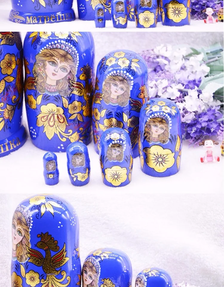 7 слоев золотисто-голубого цвета русские куклы матрешка кукла Дети творческие подарки матрешки деревянные подарки ручной работы