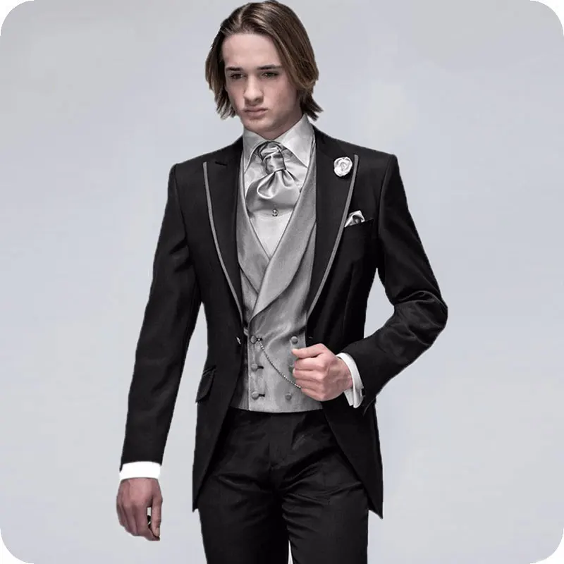 Italian Black Men Suits for Wedding Silver Grey Vest 3Pieces Vintage Slim Fit Groom Tuxedos Man Blazers Jacket Costume Homme