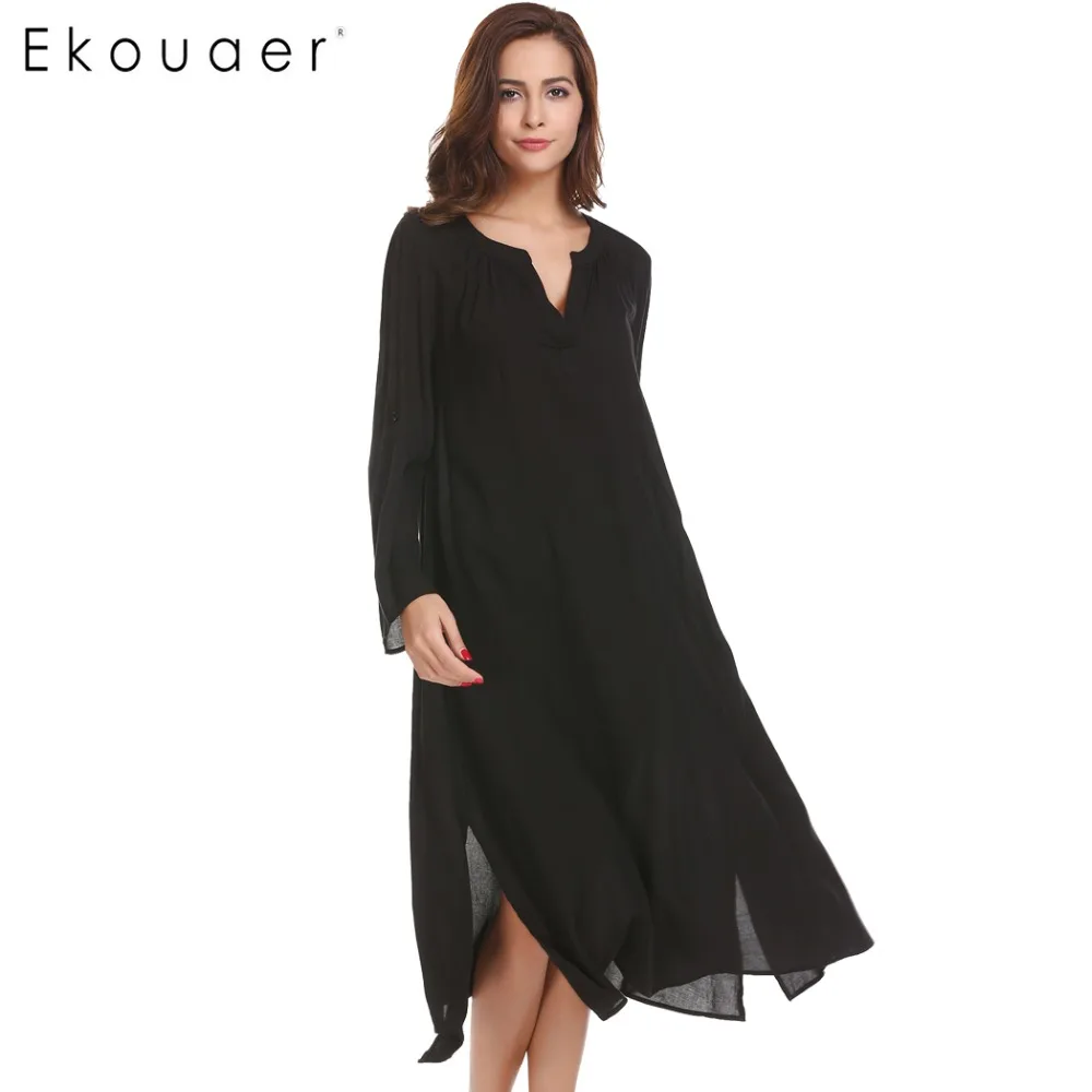 Ekouaer элегантный ночное Для женщин пижамы Notch Средства ухода за кожей Шеи закатать рукава ночную рубашку Разделение ночная рубашка