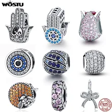 WOSTU Настоящее 925 пробы Серебряный сверкающий Циркон Шарм Бусины Подходят DIY Браслет Подвески ожерелье серебро 925 ювелирные изделия
