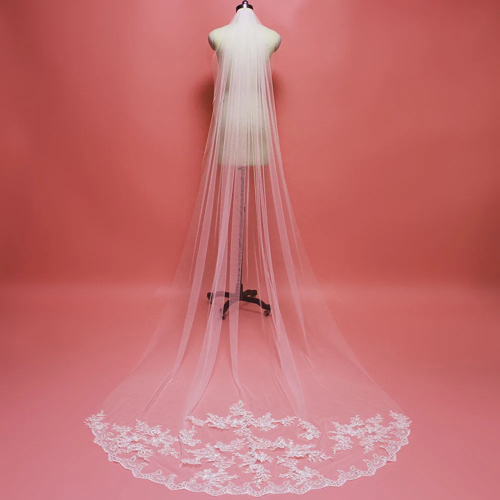 

New 2018 Lace Appliques 3 Meters Long Wedding Veil Single Tier White Ivory Tulle Bridal Veil Voile de Mariee Accessories