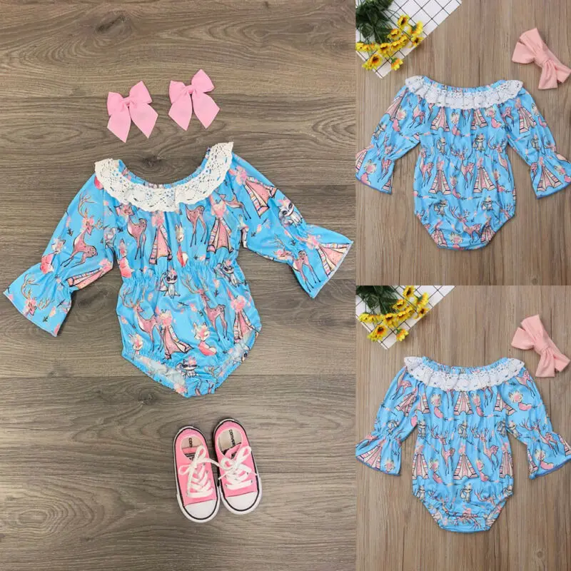 

Emmababy Newborn Baby Girl Animal Printed Lace Patchwork Long Sleeve Romper+Headband Set Infant Jumpsuit Playsuit Outfits