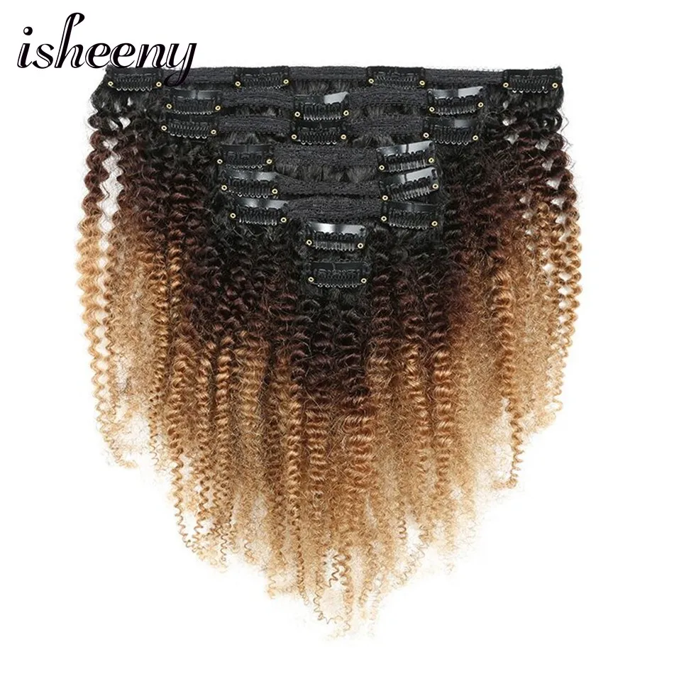 Isheeny 120g Clip Full Head 1B/4/27 Afro Kinky Curly Clip In Hair Extensions 8pcs/set Brazilian Human Extension Clip Hair