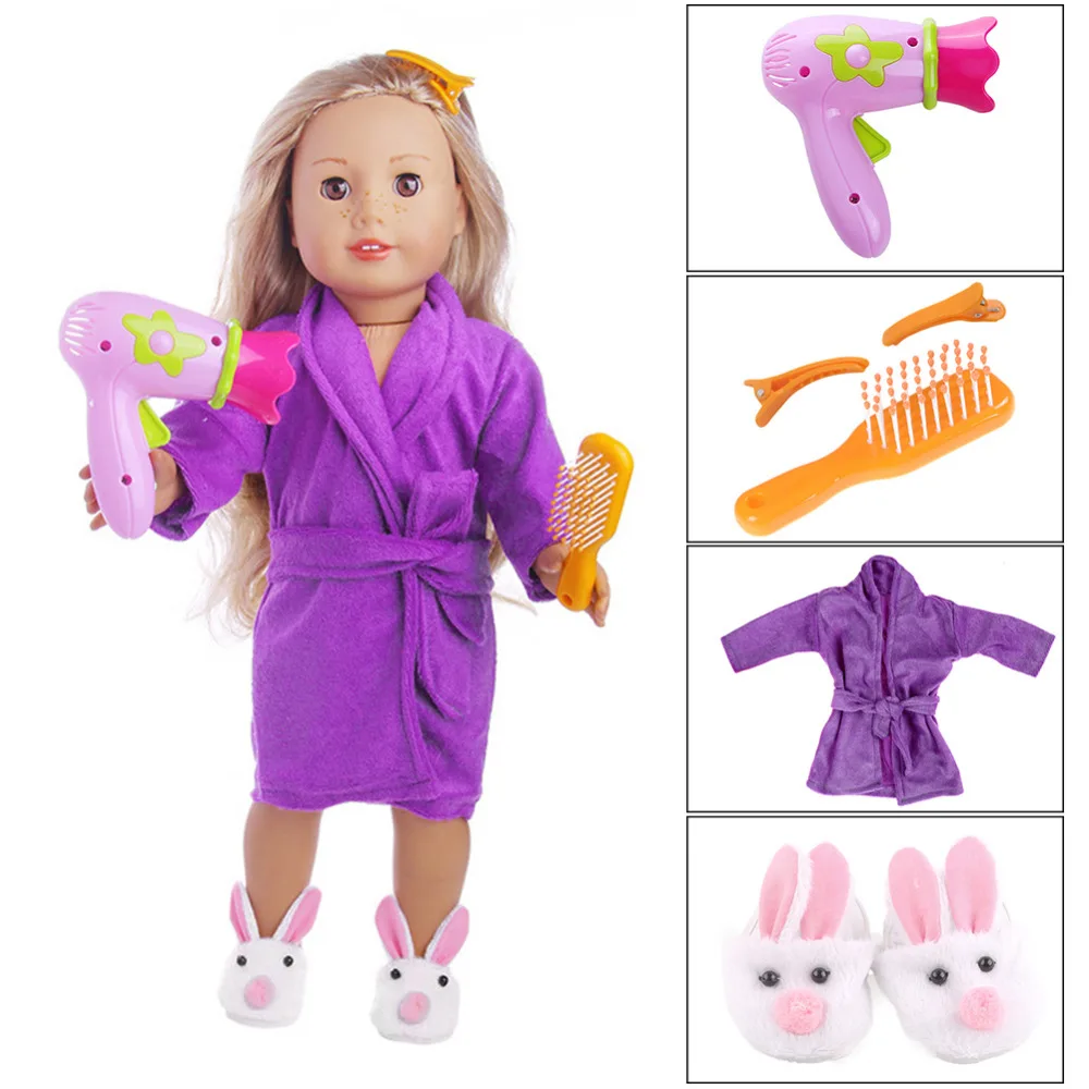 

New Hair Dryer Comb Hairpin Bathrobe Slippers for All 18" American Girl Doll Bath Supplies Accessories Wholesale