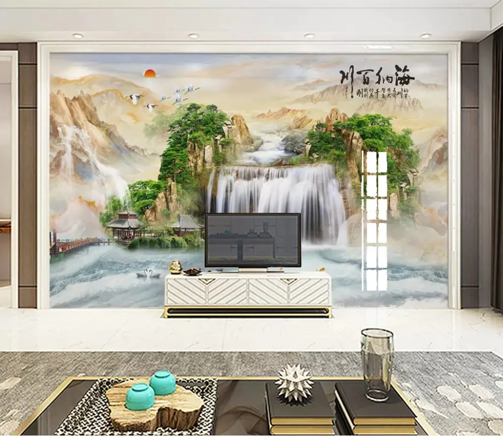 beibehang Custom classic hand-painted fashion beautiful Chinese marble sofa background landscape painting wallpaper papier peint half ripe rice paper rijstpapier chinese calligraphy xuan paper gold sprinkling chromatic painting paper papier de riz