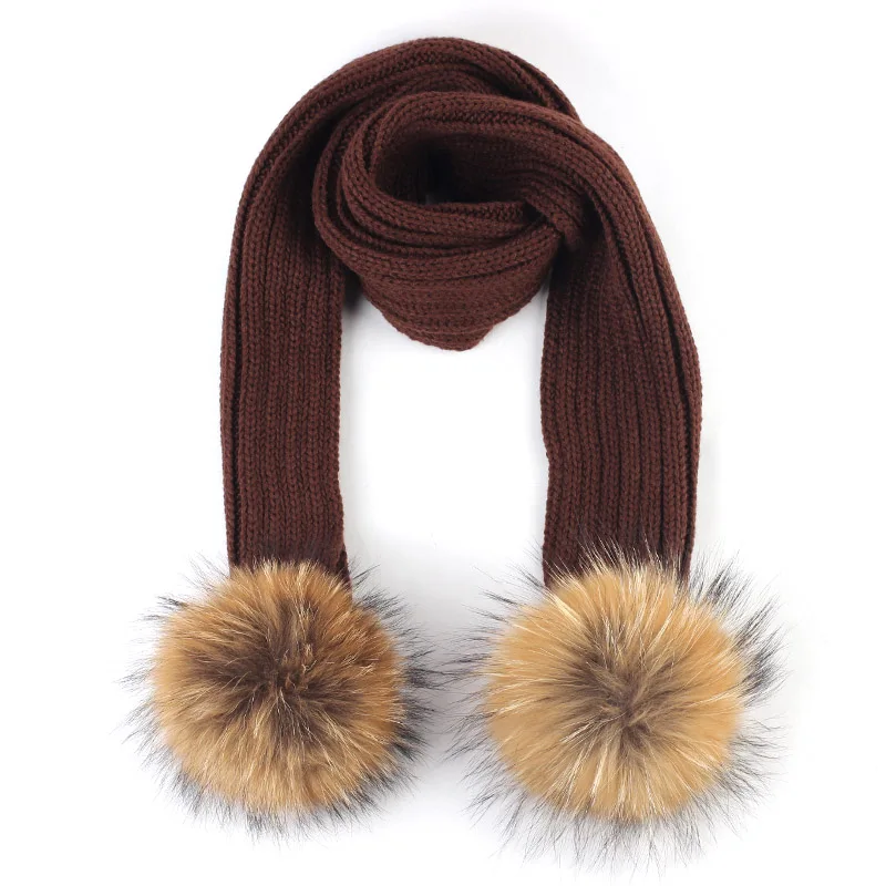 Brown A Geebro Kids Knitted Scarf With Double Raccoon Fur Pompom Boys and Girls Cashmere Plain Shawl Wrap Winter Warm Accessories DQ867 - Цвет: Brown A