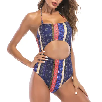 

2019 Printed Hollow Halter One Piece Swimsuit Backless Lace Up Ethnic Swimsuit Women Beach Bathing Suit Maillot De Bain Femme