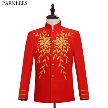 

Men's Classic Stand Collar Palace Wedding Red Blazer Jacket 2018 Stylish Embroidery Tuxedo Blazer Men Host Stage Prom Costumes