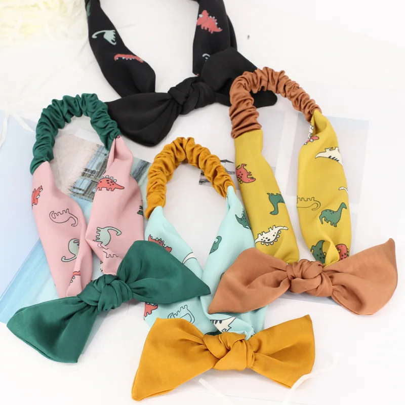 

4pcs/lot Cartoon Dinosaur Print Headbands For Girls Animal Elastic Turban Solid Large Bow Hair Bands For Women Hair Accessories