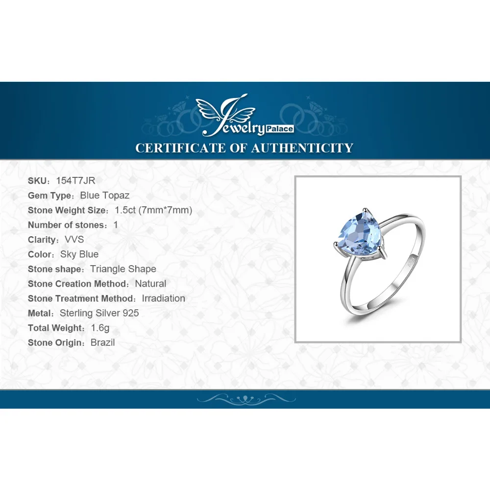 Jewelrypalace трлн 1.5ct Природный Голубой топаз камень пасьянс кольцо Pure стерлингового серебра 925 Красивые ювелирные изделия для Для женщин