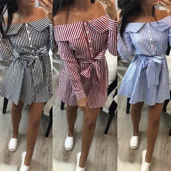 

Womens Long Sleeve Striped Shirt 2018 Summer Fashion Ladies Off-shoulder Maxi Blouse Evening Party Shirt Button Holiday Shirts