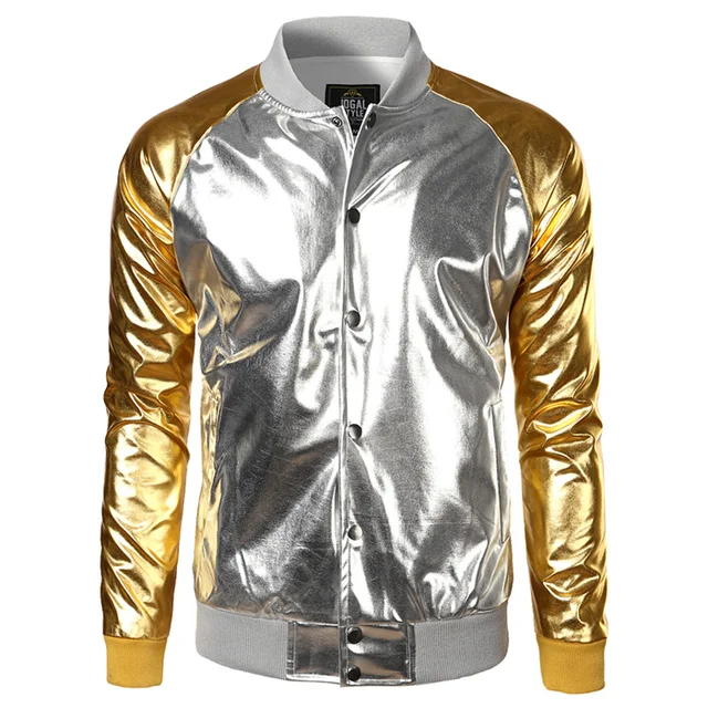 Shiny Silver Coated Metallic Jacket Men Brand Stand Collar Mens Jackets