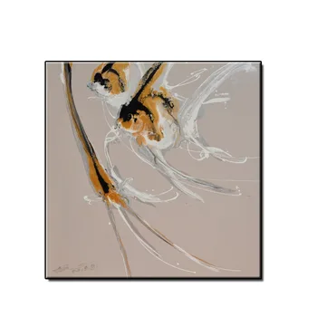 

Artist original handpainted Oil Painting abstract yellow gold fishes On Canvas Wall art Pictures For Living Room Home Decor