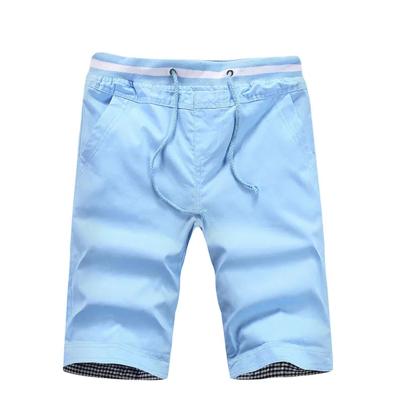 Летняя мужская одежда, хлопковые модные шорты, мужские эластичные повседневные шорты-бермуды на завязках белого, черного цвета и цвета хаки, 4xl 5xl - Цвет: lake blue shorts