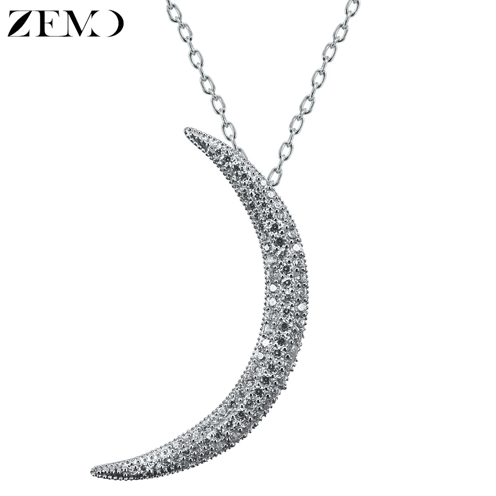 

ZEMO 100% 925 Sterling Silver Crescent Moon Necklace for Women Choker Pave Crystal Pendant Moon Necklaces Islamic Israeli Gifts