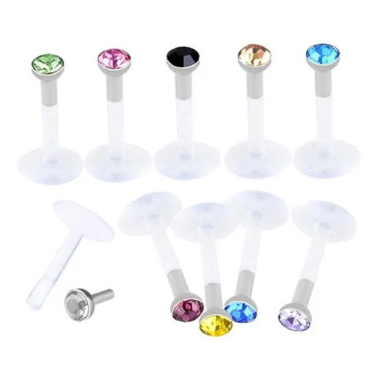 10PCS/LOT Mixed 10 color Rhinestone Labret Lip Ring Soft Acrylic Body Jewelry Black White base Piercing body | Украшения и