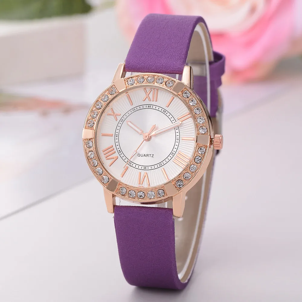 Женские часы, модные женские часы с искусственным бриллиантом, кожаный ремешок, Кристальный аналоговый сплав, кварцевые часы, relogio feminino horloges vrouwen