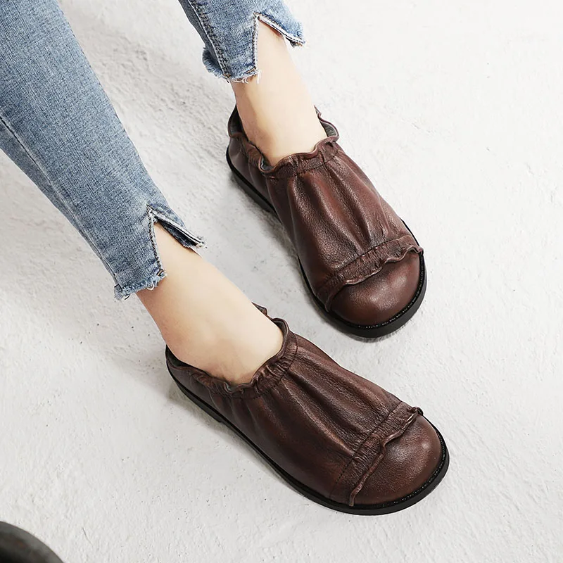 

2019 VALLU Shoes Women Loafers Round Toes Genuine Leather Original Handmade Vintage Retro Pleated Soft Sole Lady Flat Shoes