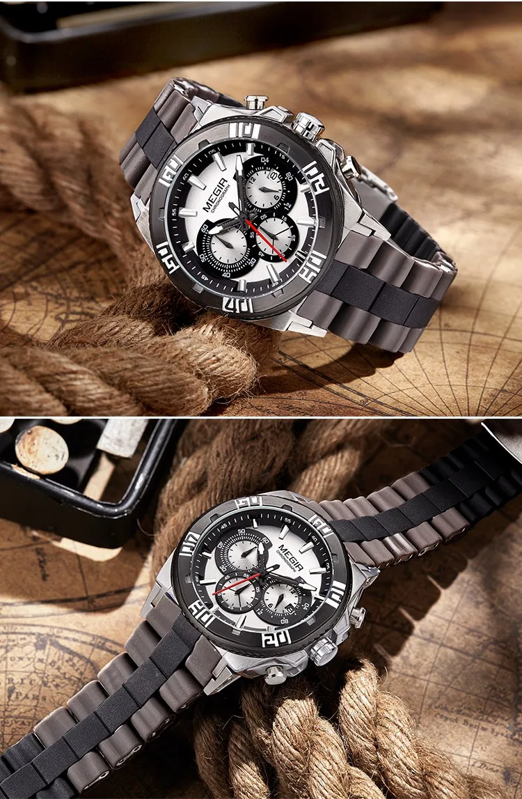 MEGIR Модные мужские Брендовые Часы, повседневные светящиеся кварцевые часы, мужские водонепроницаемые наручные часы, мужские часы с хронографом и силиконовым циферблатом