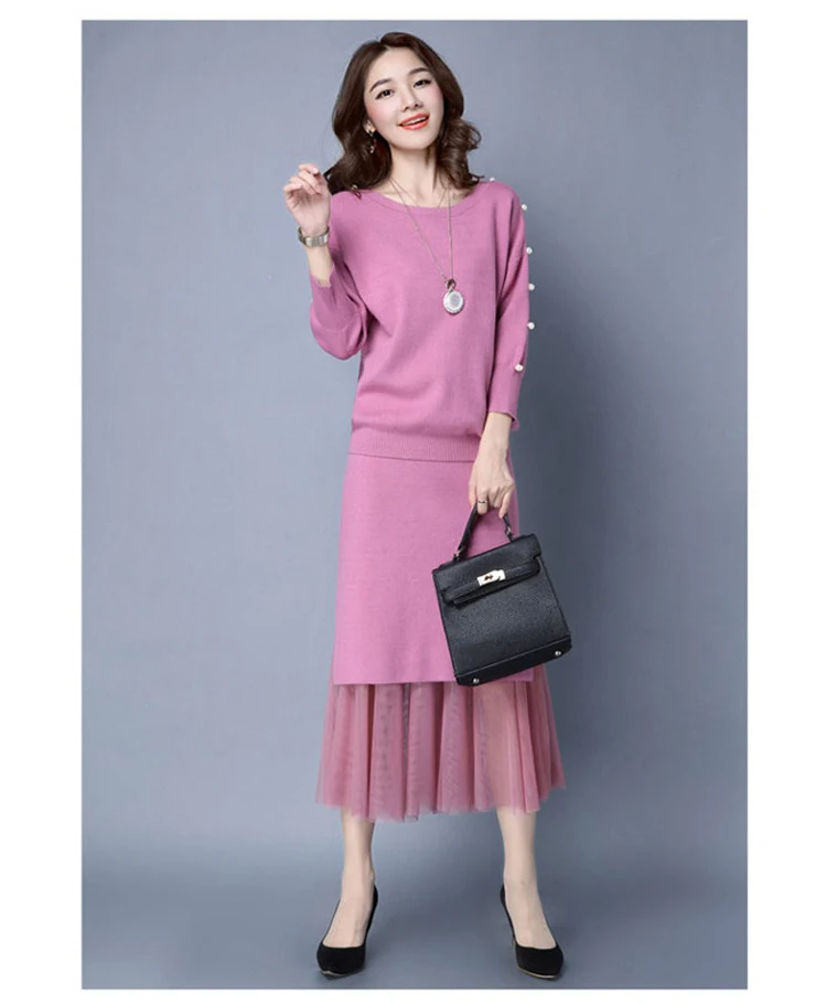 pink color knitting beading sweater and lace skirt suit women (1)