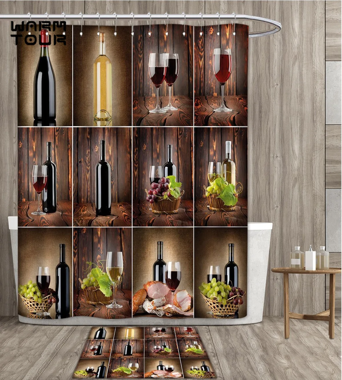 Wine Shower Curtain Polyester Fabric Art Wine Themed Wooden Backdrop ...