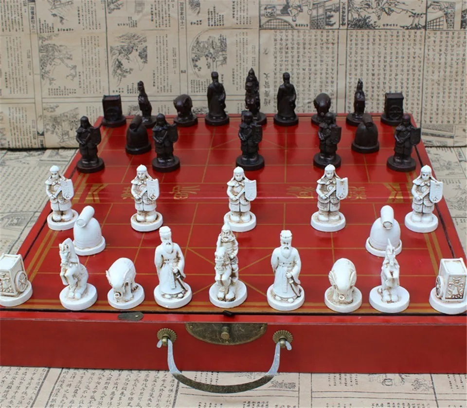 High-grade Antique Wooden Chinese Chess Game Set Folding Chessboard Chinese Traditions Resin Chess Pieces Board Game Yernea