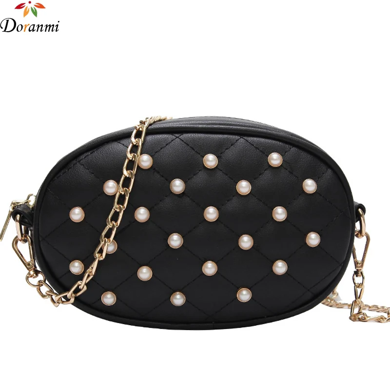 

DORANMI Pearl Appliques Belt Bag 2019 Fashion Leather Fanny Pack Oval Shape Chain Shoulder Bag Solid Waist Bag Pochete PJ086