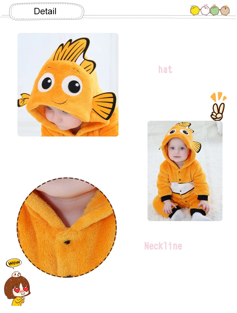 Baby Nemo Fish Pajamas Clothing Newborn Infant Romper Onesie Cute Animal Costume Outfit Hooded Jumpsuit Winter For Boy Girl Baby Bodysuits Fur