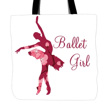 

Ballet Girl Blush Silhouette Printing Tote Bags Double Sided Printing Open Pocket White Canvas Bag Shopping Handle Bags