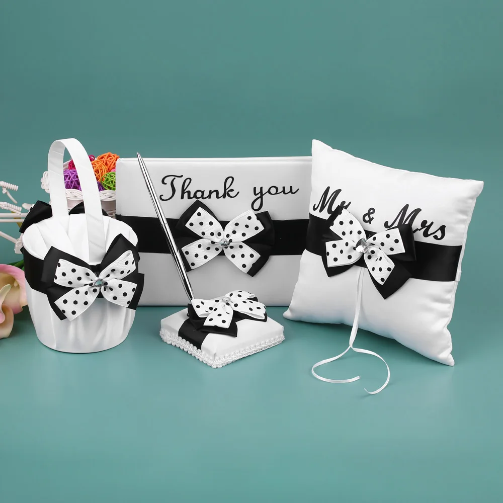

Wedding Decoration Supplies 4pcs/set Satin Flower Girl Basket Ring Bearer Pillow Guest Book Pen Holder Set White Black Bowknot